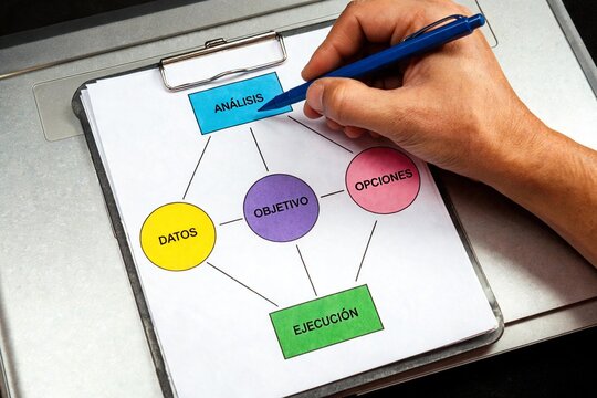 Vista superior de mano con bol&iacute;grafo se&ntilde;alando un diagrama de flujo estrat&eacute;gico estructurado con nodos de an&aacute;lisis, datos, objetivo, opciones y ejecuci&oacute;n sobre una tabla con clip y laptop.