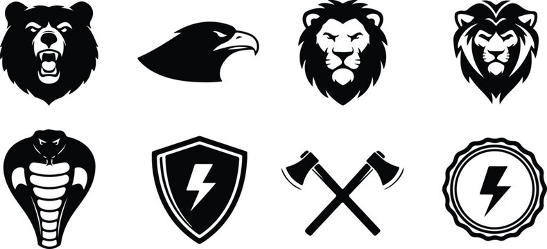 Set of nine stylized animal heads and symbols featuring bears lions eagles cobras axes shields and lightning bolts isolated on transparent background