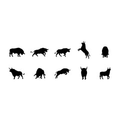 Obraz premium Bulls in Various Poses as Black Silhouettes on White Background Featuring Bull, Silhouette, Animal with Livestock and Cattle