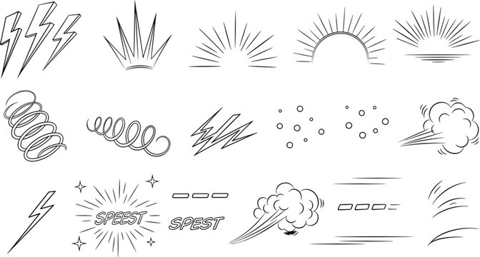 Comic book action effect lines and weather elements collection isolated on a transparent background vector.