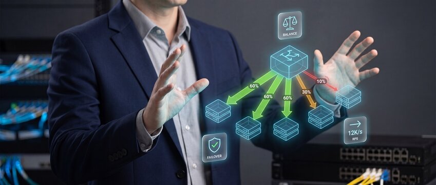 Businessman presenting data transfer and server load balancing concept