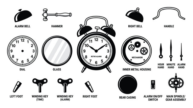 Disassembled alarm clock with parts vector illustration