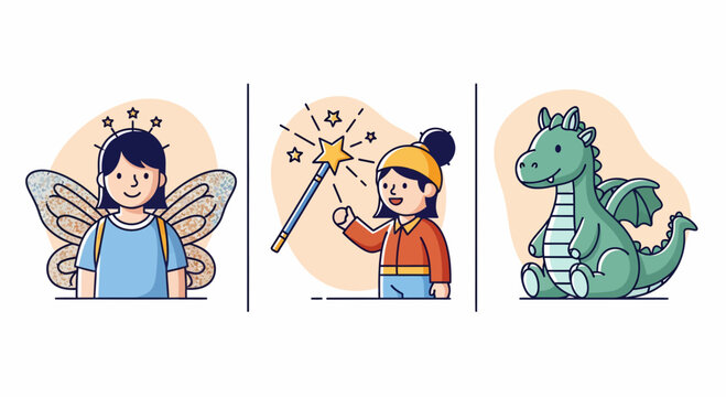 A kid toy set with fairy girl and magic wand plus cute dragon icon art