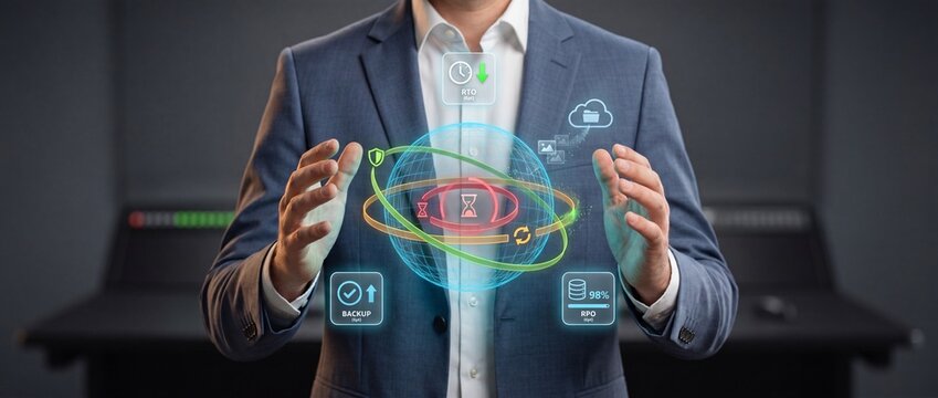 Businessman interacting with futuristic holographic interface displaying data recovery backup and cloud storage concepts with rto and rpo metrics representing digital transformation
