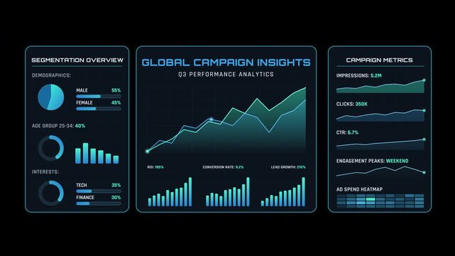Motion graphics animation of a futuristic business dashboard showing global campaign insights on a deep black background