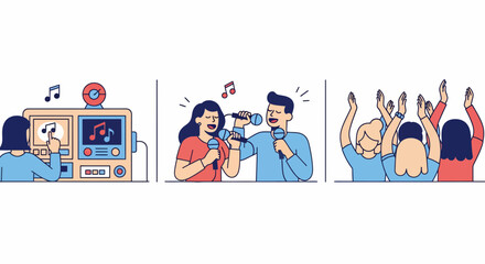 Fototapeta premium Man and girl sing song at fun party with mic and crowd claps to music