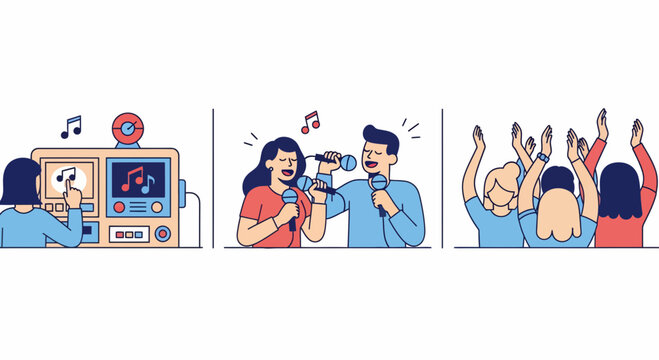 Man and girl sing song at fun party with mic and crowd claps to music