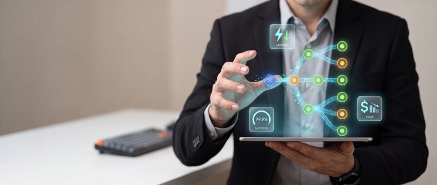 Businessman interacting with futuristic holographic interface displaying network diagram with icons for latency success rate and cost reduction representing business strategy