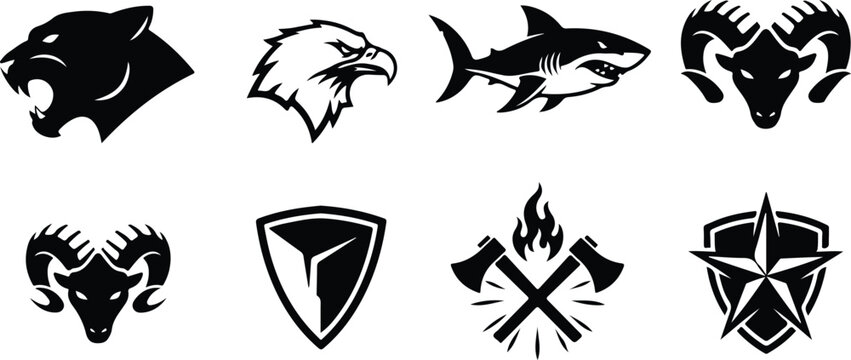 Set of eight stylized animal and symbol logos featuring ram head eagle shark bull ram and abstract designs isolated on transparent background