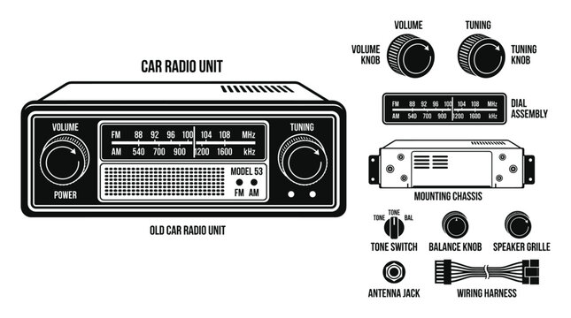 Old car radio unit detailed components and assembly diagram