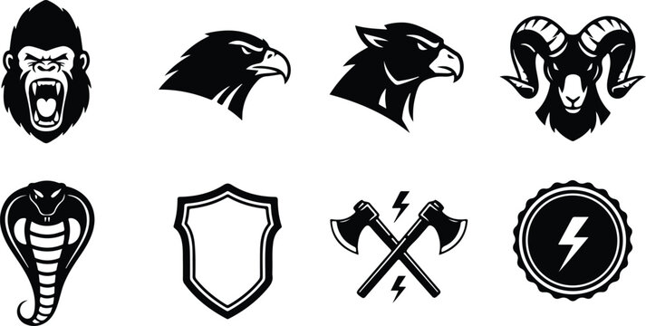 Set of nine stylized animal and symbol logos featuring gorilla roar face eagle head ram horns cobra shield axe lightning bolt isolated designs