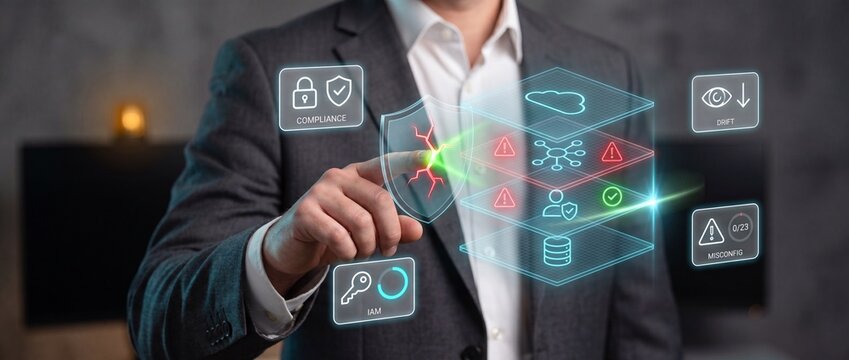 Cybersecurity professional interacting with a futuristic digital interface displaying security layers compliance iam risk alerts and system monitoring for comprehensive data protection