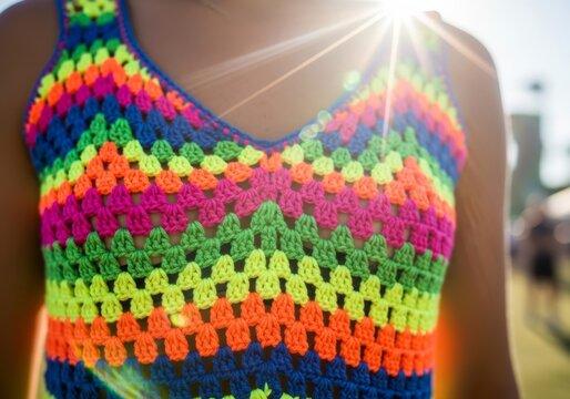 Woman wearing colorful neon crochet top standing in sunlight. Handmade summer outfit at festival. Youth fashion style and hobby concept for sunny lifestyle advertisement.