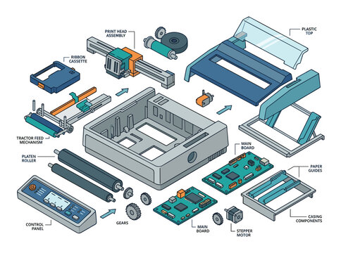 Dot matrix printer parts disassembled in isometric view flat