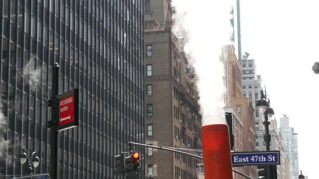New York City Midtown East urban tall building architecture, Manhattan Lexington avenue, United States of America street. Skyscraper towers of business district, USA. Hot steam smoke vapor. Turtle Bay