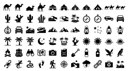 Fototapeta premium Desert landscape with various travel icons including camels, cacti, and vehicles.