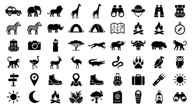 Various icons of animals, travel, and outdoor activities are displayed
