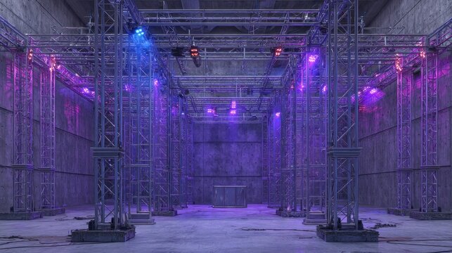 Industrial space illuminated with dramatic blue and purple stage lighting systems set up for an event.