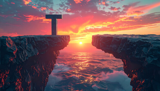 Pixelated cliff edges facing each other over reflective water at sunset, a T-shaped structure on the left cliff, orange and pink sky, digital art, abstract landscape