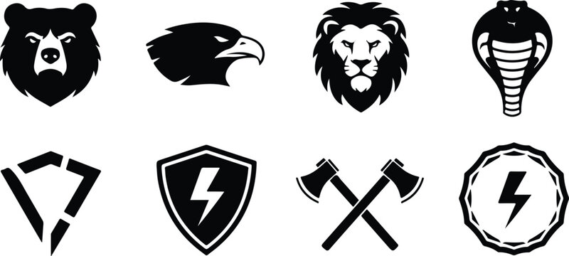 Set of eight powerful animal mascots and symbols featuring bear grizzly head eagle lion cobra crossed axes lightning bolt shields isolated designs