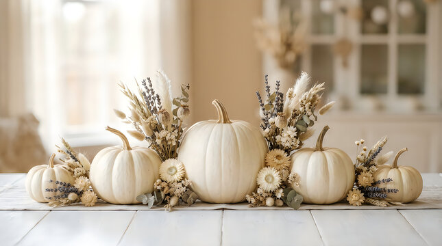 Autumn pumpkin and dried floral arrangement on white wood tabletop