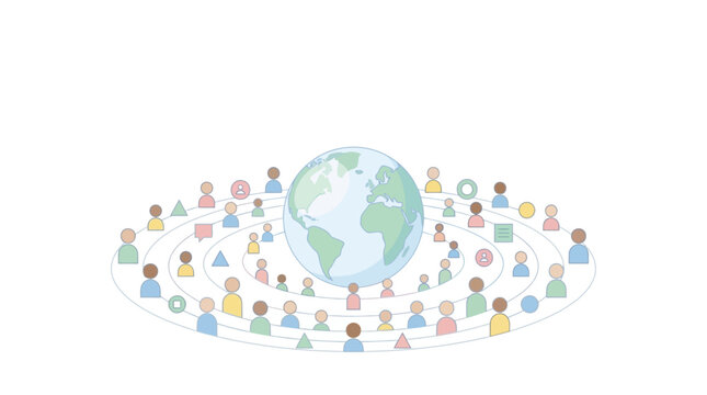A vibrant illustration depicting a diverse Global Human Network, symbolizing interconnectedness, unity, and collaborative communication around the world