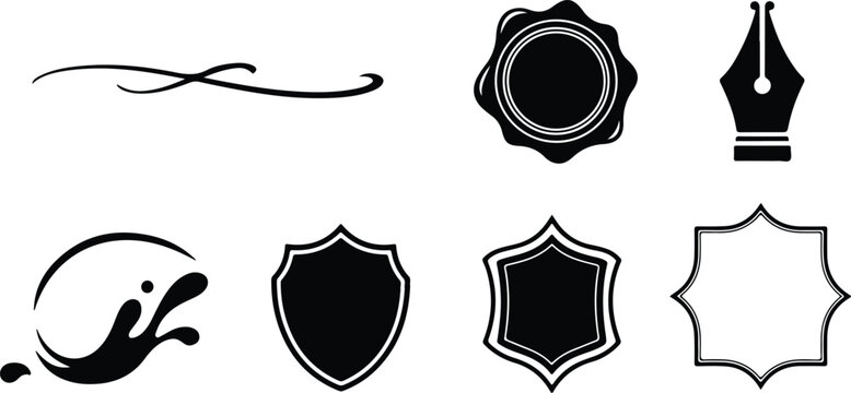 Set of elegant black and white decorative monogram seals stamps and calligraphy symbols isolated on transparent background