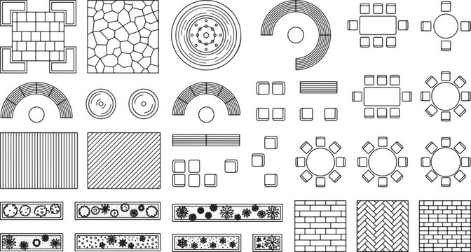 Landscape Architecture Plan Symbols Set with Furniture Paving and Planting Elements for Site Design Vector Illustration