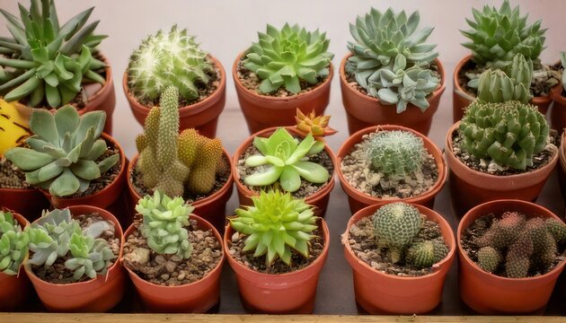 Collection of Miniature Succulents in Terracotta Pots - A Botanical Display.