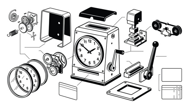 Exploded view technical drawing of mechanical punch clock