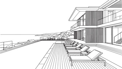 Fototapeta premium Modern luxury villa exterior with infinity pool and lounge chairs by the sea, architectural line art drawing