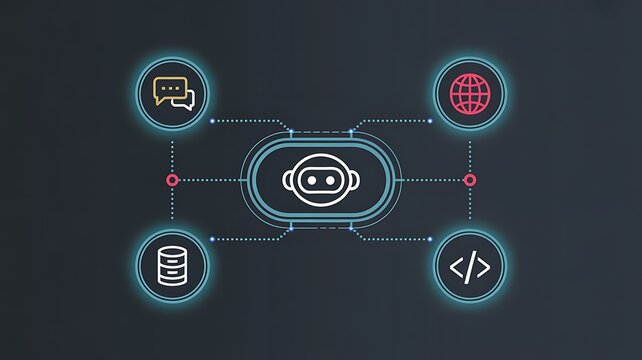 Robot connected to chat, globe, database, and code symbols with glowing blue lines on dark background