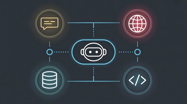 Robot connected to chat, globe, database, and code symbols chatbot