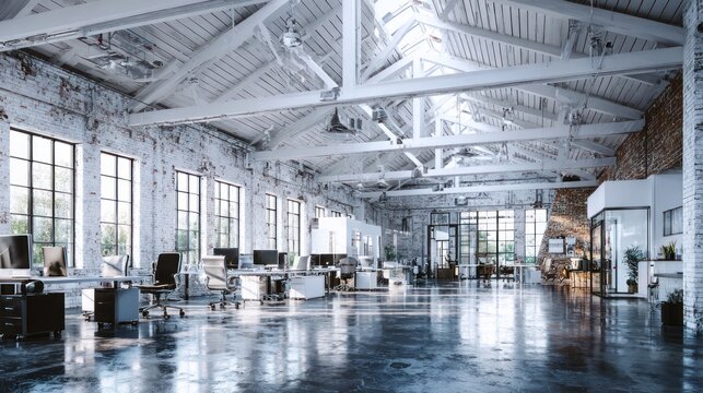 Spacious open plan office interior features exposed white trusses and large windows