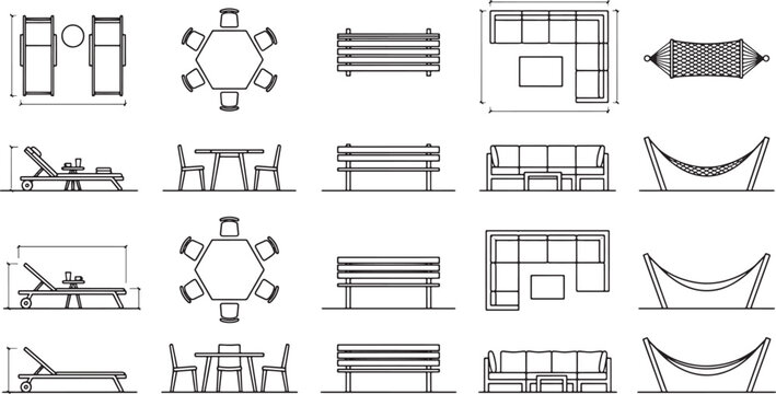 Outdoor furniture vector set with top and side views for architectural landscape design and site planning