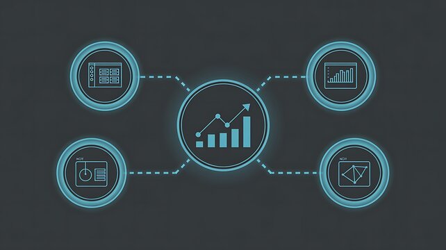 Infographic template with five interconnected blue on dark background, featuring central bar chart and line graph