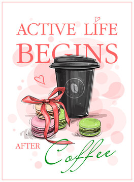 Vector illustration with a glass of coffee and macaroons