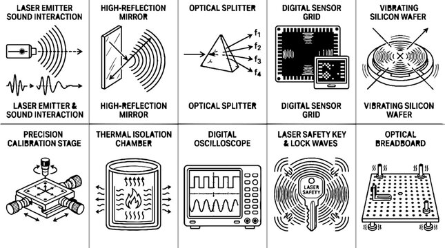 Scientific Laboratory Equipment Icons and Physics Experiment Diagrams Set.