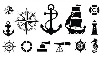 Collection of nautical theme vector icons including anchors lighthouse and ship symbols. © Sonkear