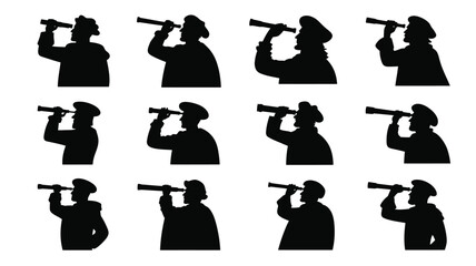 Twelve silhouettes of sailors using handheld telescopes for exploration concept designs. © Sonkear