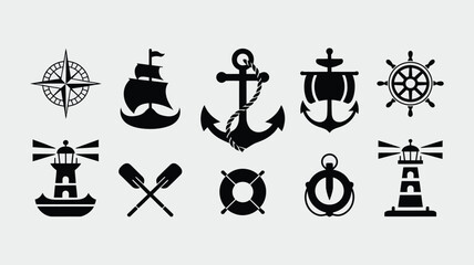 Various maritime industry icons including anchors lighthouse and steering wheel symbols. © Sonkear