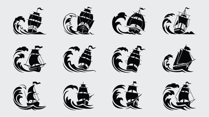 Set of sailing ships in big ocean waves vector illustration designs. © Sonkear