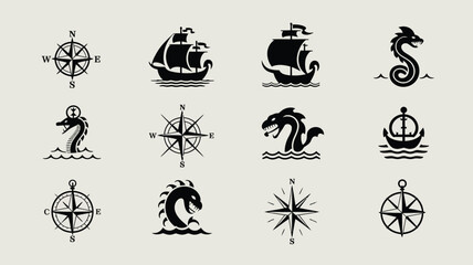 Nautical symbols compass sailing ship sea monster anchor vintage vector illustrations. © Sonkear