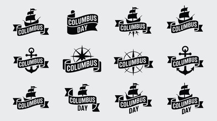 Graphic logo set for columbus day with sailing ships and ribbon banners in black and white. © Sonkear
