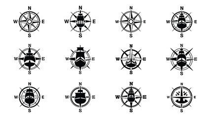 Compilation of compass icons with varied sailing vessel illustrations in black and white. © Sonkear