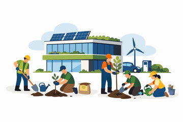 Fototapeta premium Sustainable building project with workers planting trees and solar panels