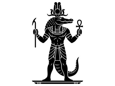Sobek Egyptian God Silhouette with Ankh and Was Scepter, Crocodile Deity