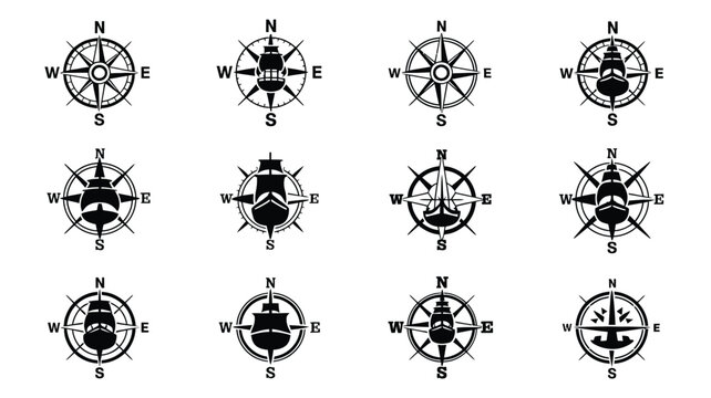 Compilation of compass icons with varied sailing vessel illustrations in black and white.