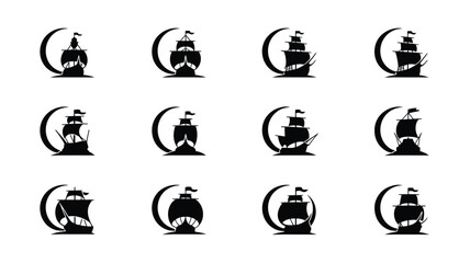 Collection of sailing ship silhouettes with crescent moon backgrounds for maritime logos. © Sonkear