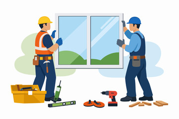 Fototapeta premium Two Construction Workers Installing Energy Efficient Window
